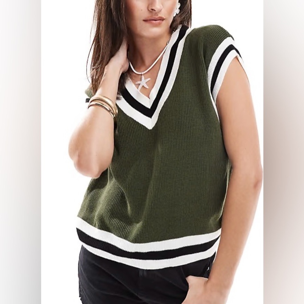 Mango: Olive Green/White/Black Color Contrast V-Neck Sweater Vest - Size Small